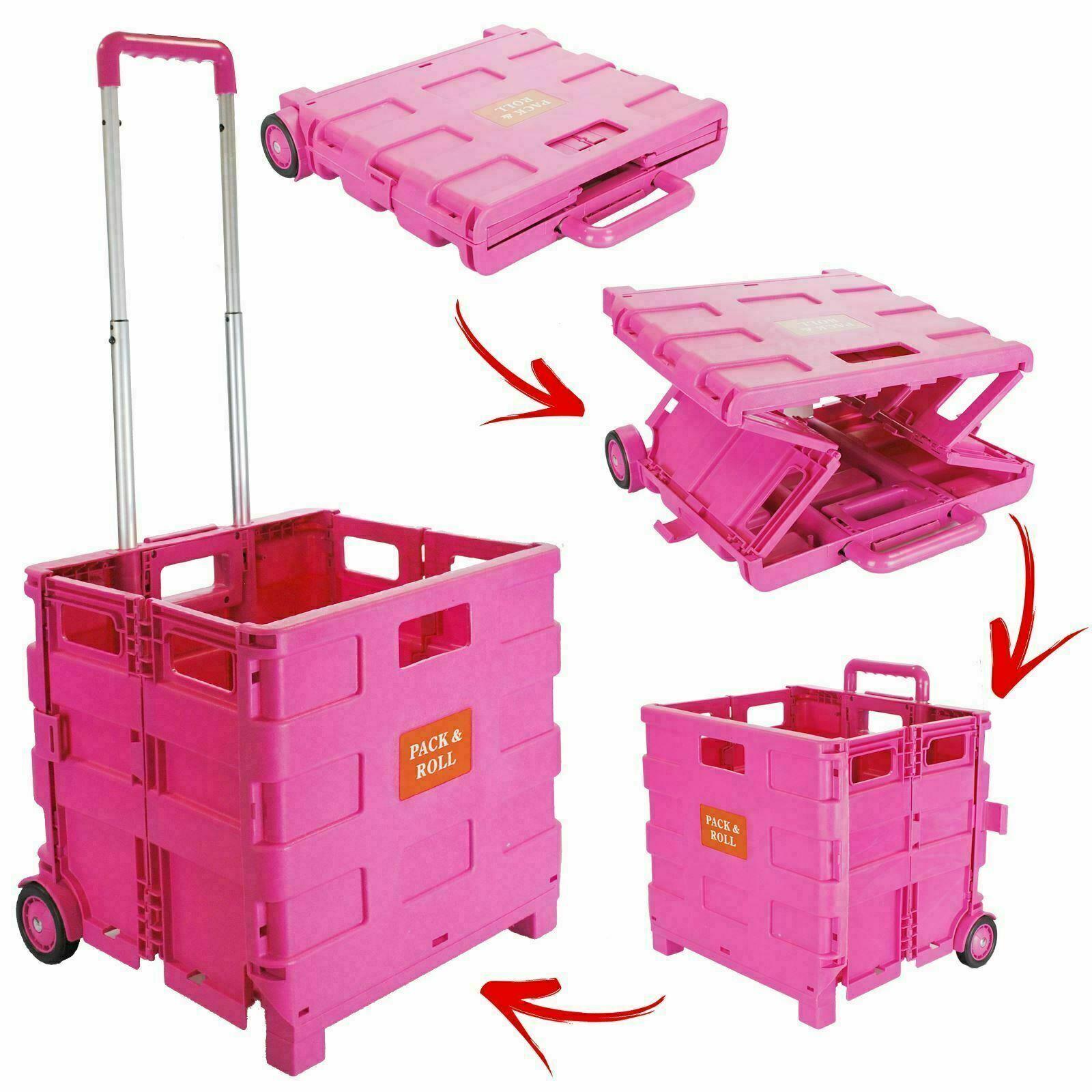 Dapetz Folding Shopping Trolley Foldable Cart Boot Fold Up Storage Box Crate 25kg Load Capacity - Pink - Image 6